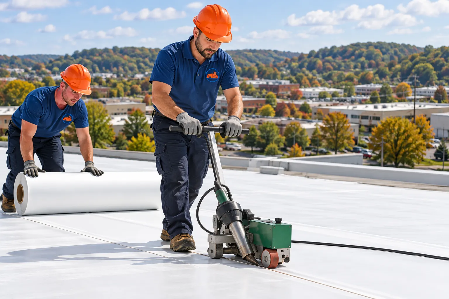 Roofers in logo uniforms laying white TPO membrane on a low-slope commercial roof