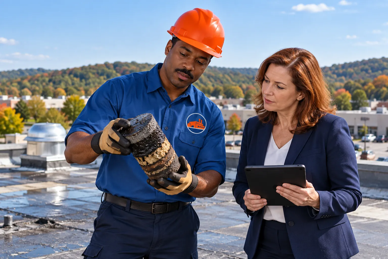 Roofer in a logo uniform walking a commercial roof to check seams and flashing