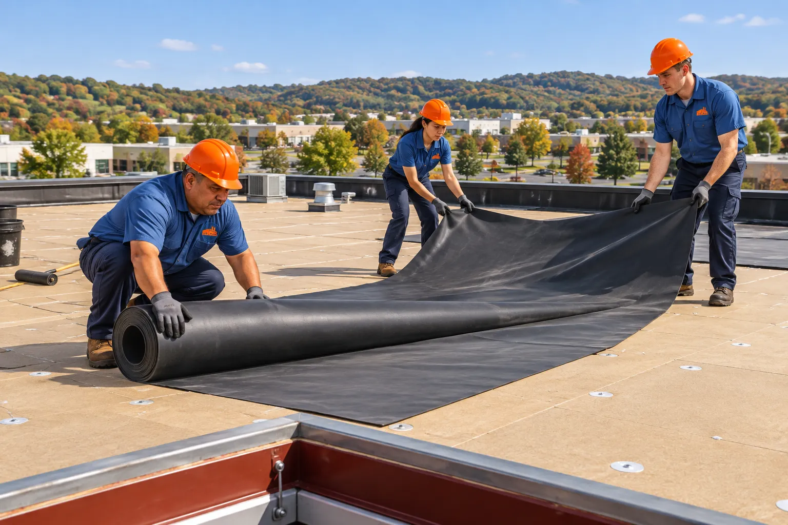 Roofers in logo uniforms rolling a black EPDM membrane seam on a commercial roof