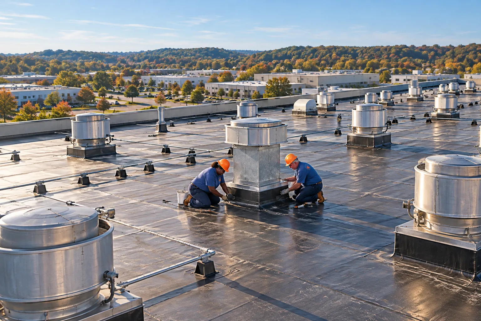 Aerial view of roofers working on a large industrial roof with rooftop units